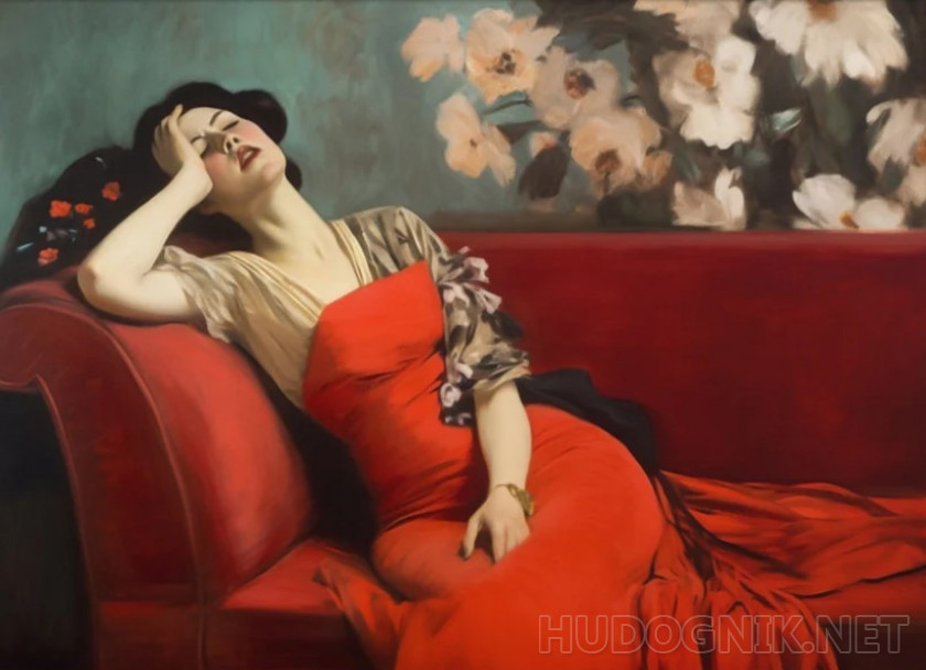 The girl on the red sofa