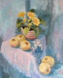 "Yellow primrose with yellow apples"
