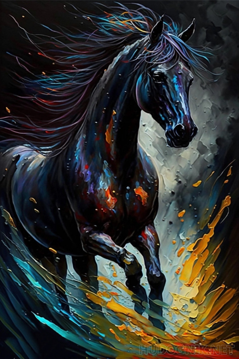 Картина Черная лошадь. Размеры: 40x80, Год: 2023, Цена: 45000 рублей  Художник Островская Елизавета