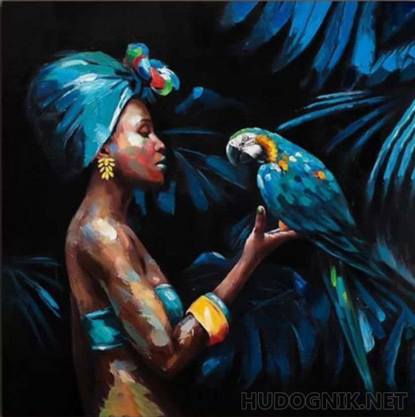 African woman with a parrot