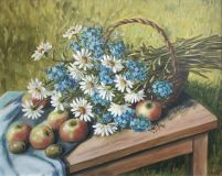Still life with daisies and forget-me-nots