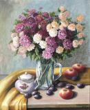 Autumn still life with chrysanthemums and plums