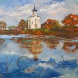 Paisaje de otoño con la iglesia de la Portada en el río Nerl
