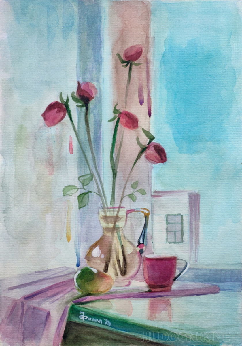 Still life with roses and an apple on the window sill