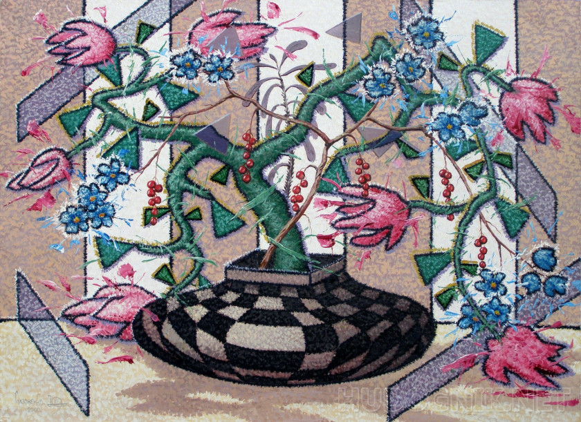 Натюрморт с вазой в шахматную клетку.