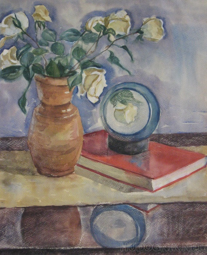 Натюрморт с белыми розами и зеркалом