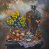 Still life with samovar, apples and flowers