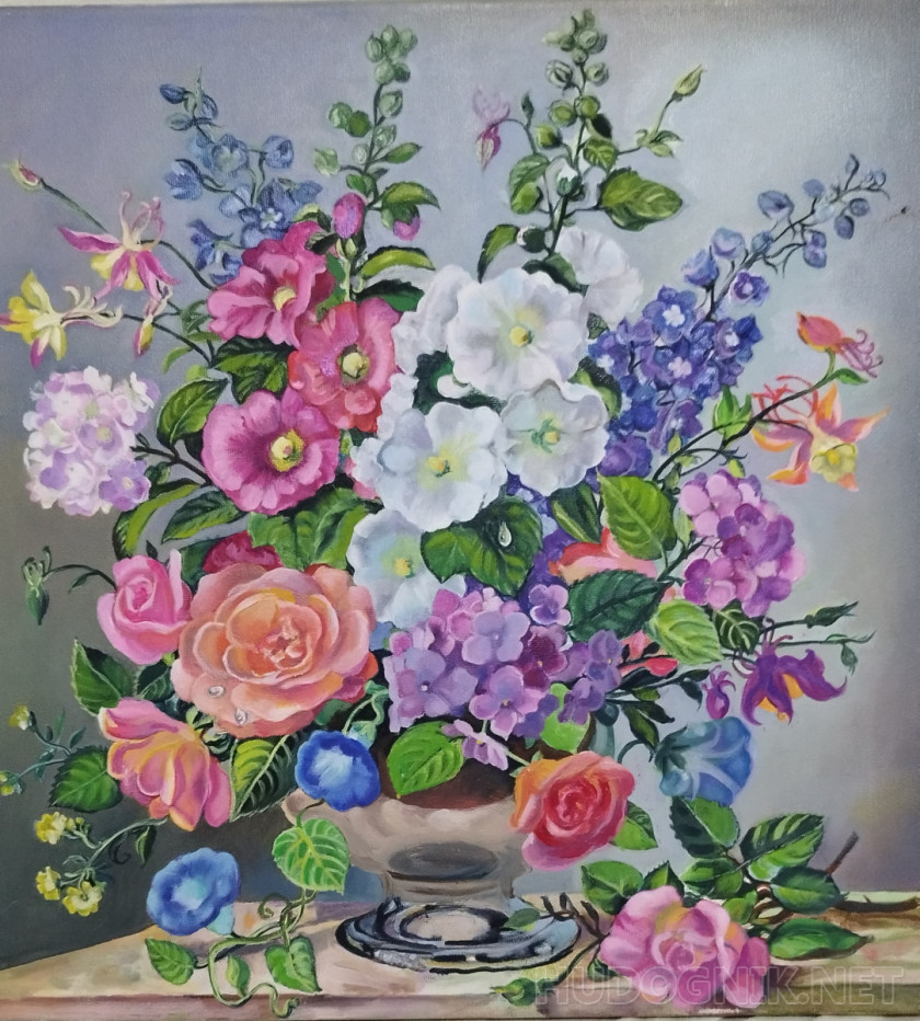 копия картины Альберт Вильямс Дельфиниум и коралловые розы