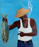 Hombre cubano con cigarro y pescado.