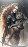Red-haired girl with a huge cat