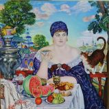 copy of Kustodiev's painting of a merchant's wife having tea