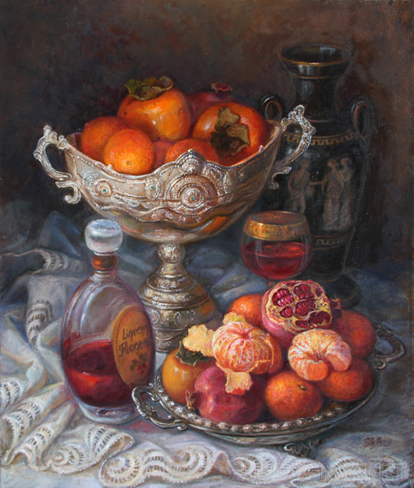 Still life with tangerines and persimmons