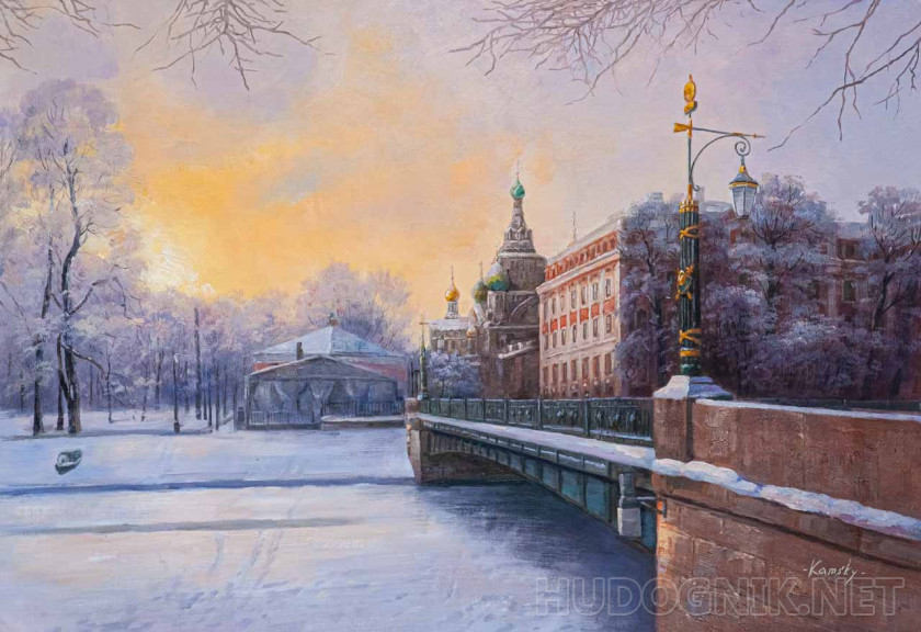 Frosty dawn. View of the Church of the Savior on Spilled Blood from the embankment