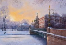 Frosty dawn. View of the Church of the Savior on Spilled Blood from the embankment