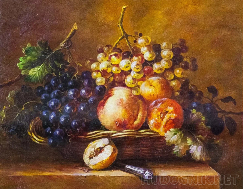 Still life with fruit in a basket and a knife