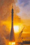 The launch of the Soyuz-2 rocket at dawn