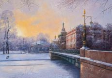 A frosty dawn. View of the Church of the Savior on Spilled Blood from the embankment
