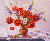 Bouquet of poppies and daisies in a clay vase
