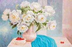 Still life with white peonies and cherries