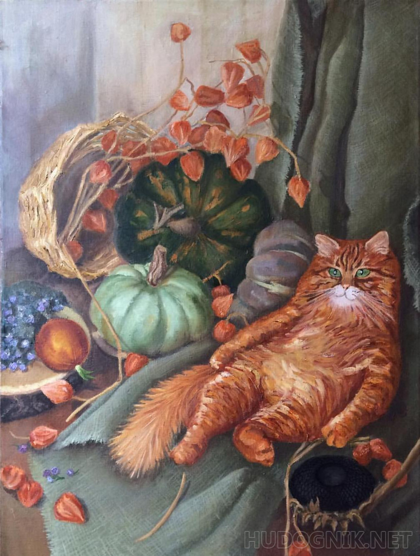 Натюрморт с рыжим котом. Масляная живопись.