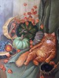 Bodegón con rojo es un gato. Pintura al óleo.