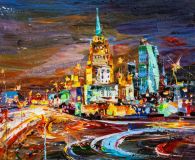 Vista nocturna del hotel Ukraina y la ciudad de Moscú