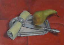 Still life with a pear on a tray