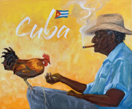 Cuban with a cigar and a rooster.