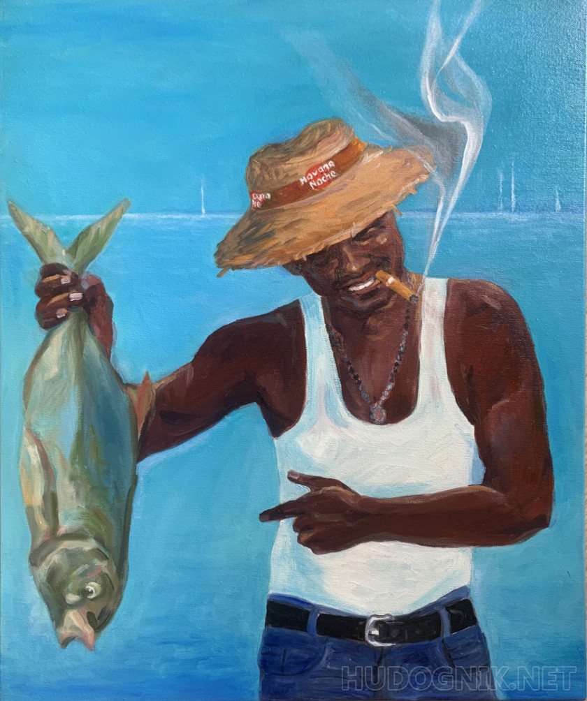 Hombre cubano con cigarro y pescado.