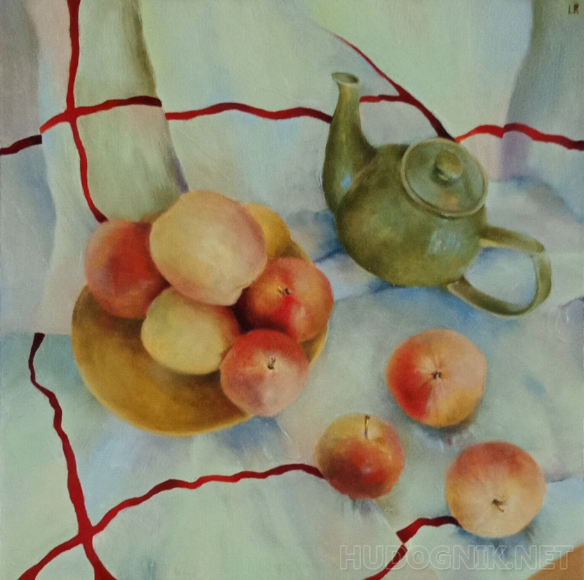 still life with teapot and apples