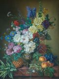 Still life with pineapple, fruit and flowers