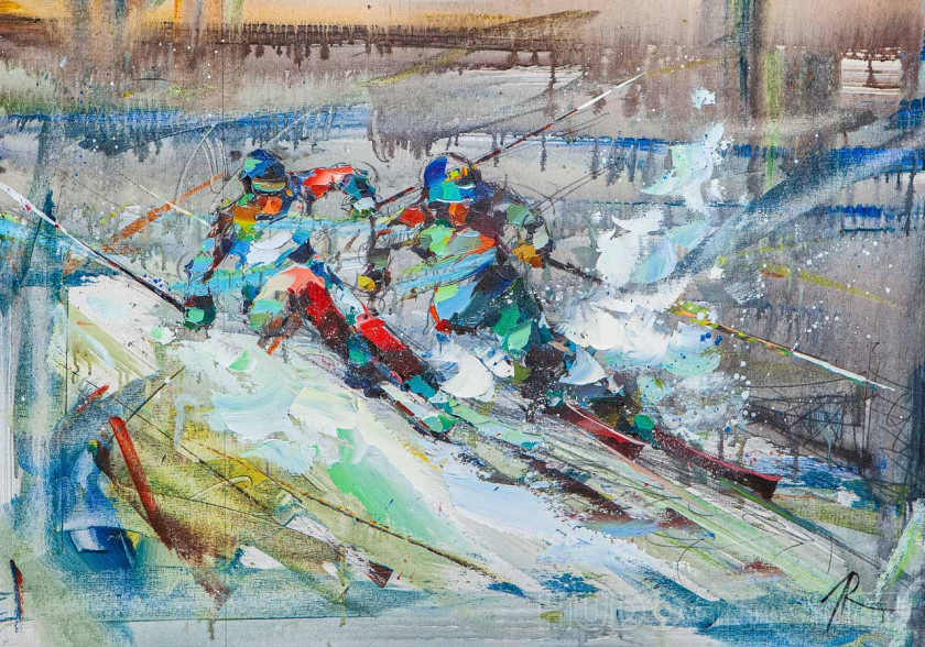 Two skiers. Rushing forward