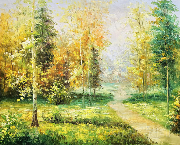 油彩画「Осеннее раздумье」 1946年 Kazonn O.A. ЗОЛОТАЯ ОСЕНЬ