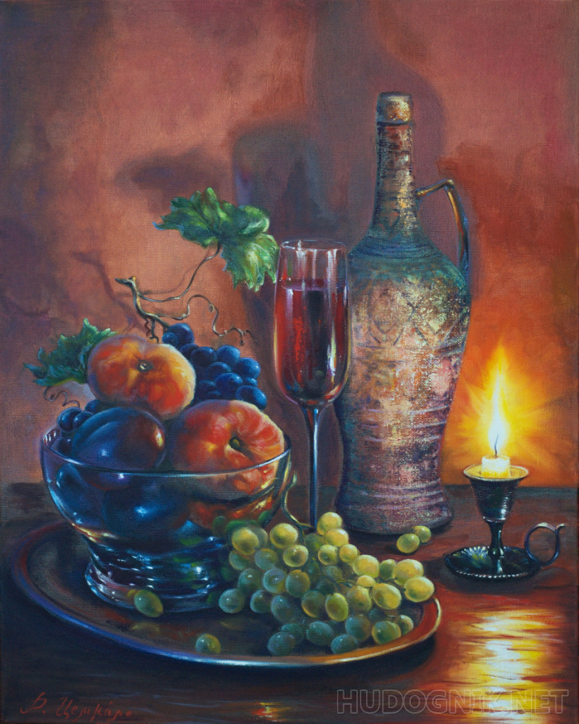 Wine, candle and fruit